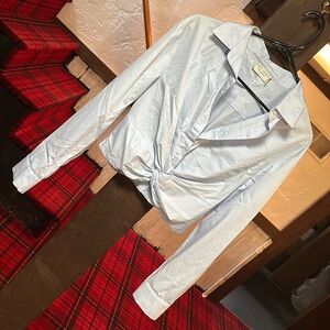 Boutique Cropped Blue Collared Button Down with Cinched Waist